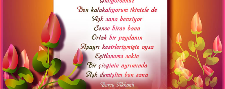 A�k sana benziyor sense
A�ka
�kinizde g�llerle geliyorsunuz bana
Ve bir sonbaharda sapsar�
Gidiyorsunuz
Ben kalakal�yorum ikinizle de
A�k sana benziyor
Sense biraz bana
Ortak bir paydan�n
Apayr� kesirleriymi�iz oysa
E�itleneme sekte
Bir �izginin ayr�m�nda
A�k demi�tim ben sana
